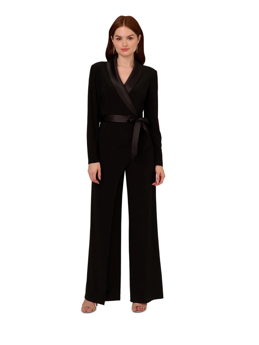 Adrianna Papell Black Satin-Trim Wrap Jumpsuit